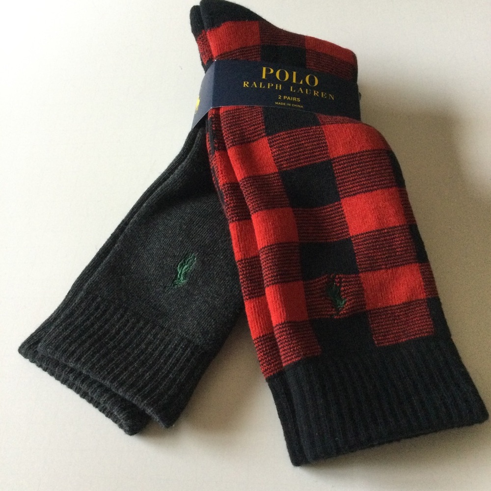POLO RALPH LAUREN MENS 2 PAIR PACK BOOT SOCKS RED/BLACK AND GRAY WITH LOGO NWT